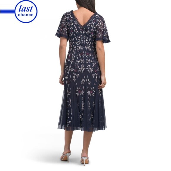 ADRIANNA PAPELL Light Navy Short Sleeve Beaded Midi Dress - Picture 2 of 2